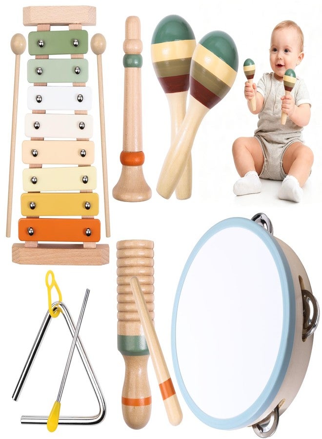 Liangding Baby Musical Instruments Set - Montessori Wooden Musical Toys for Kids Ages 1-3, Neutral Colors Modern Boho Percussion Set with Xylophone, Tambourine & Guiro, Preschool Educational Music Toys (12PCS) - Image 1